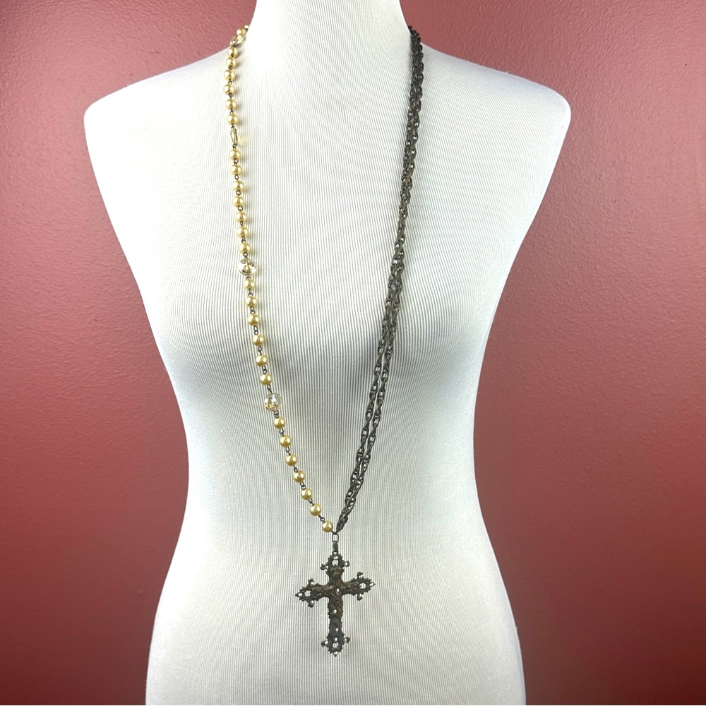 Pink Panache very long metal cross pendant half pearls half chains